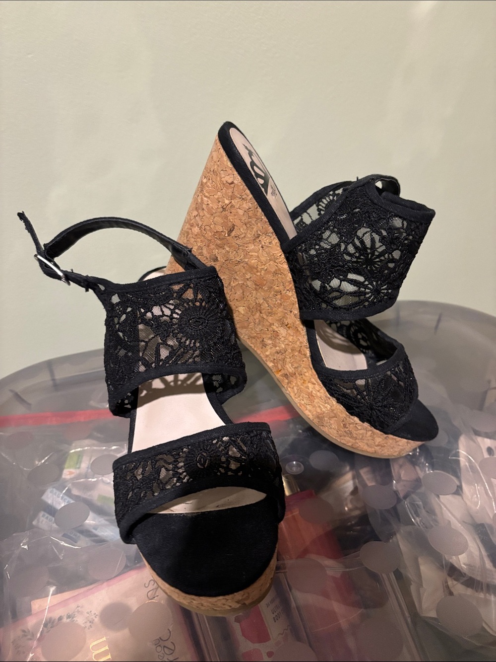 Fergalicious Black Lace Cork Wedge Sandals